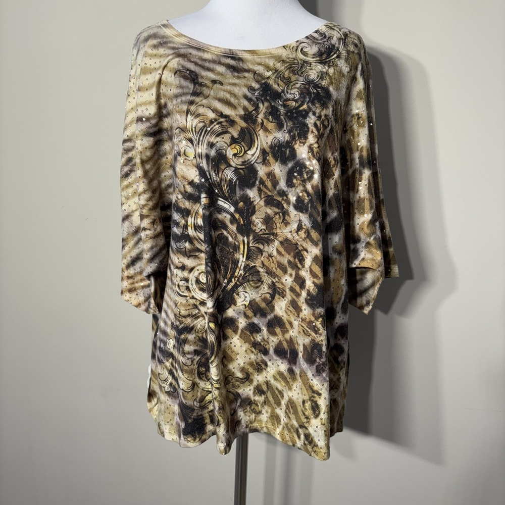 Jess & Jane Top Women XL Multicolor Swirl Sequin 3/4 Sleeve Abstract Art To Wear